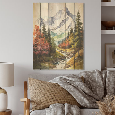 Mountain Summit Serenity Creek - Mountains Wood Art On Natural Pine Wood