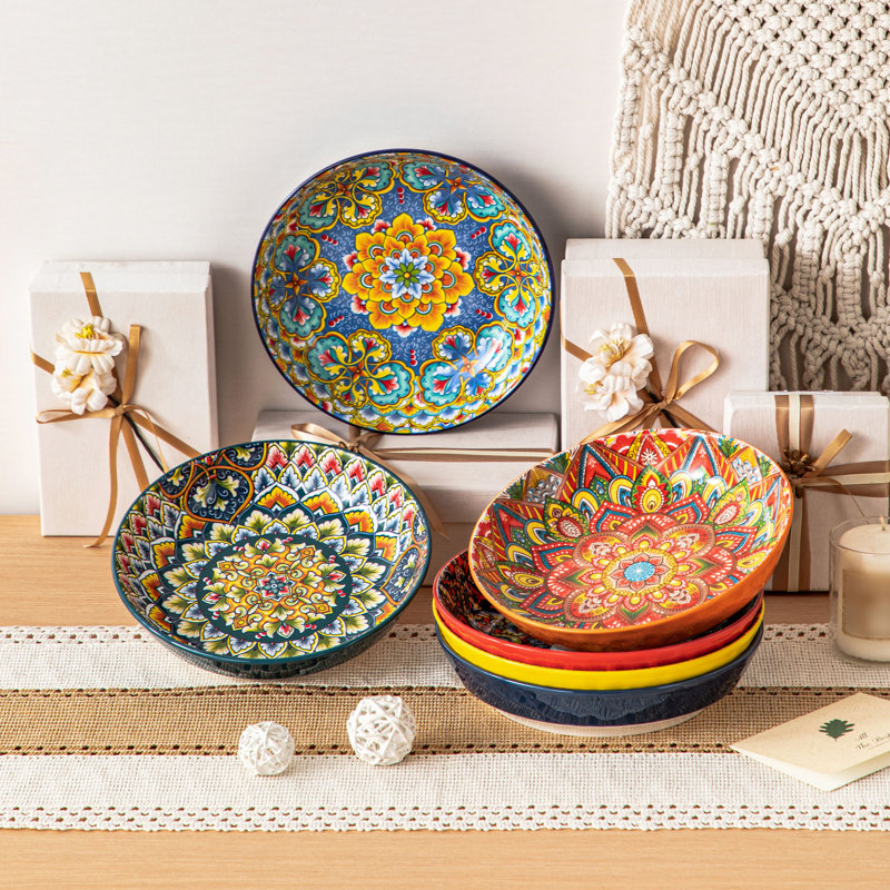 Ensemble de 6 bols à pâtes à imprimé bohémien, bols en céramique de 32 oz de profondeur, motifs boho assortis pour le service