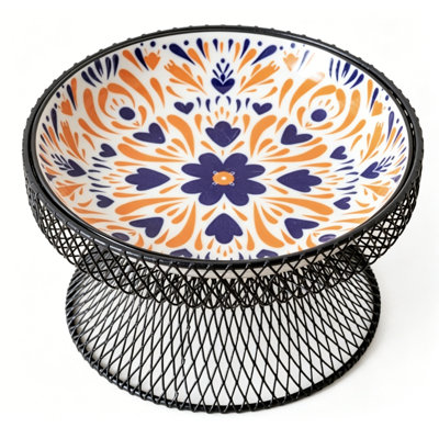 Bohemian Ceramic Elevated Pet Bowl, Neck-Protective Food Feeder For Dogs & Cats,Orange