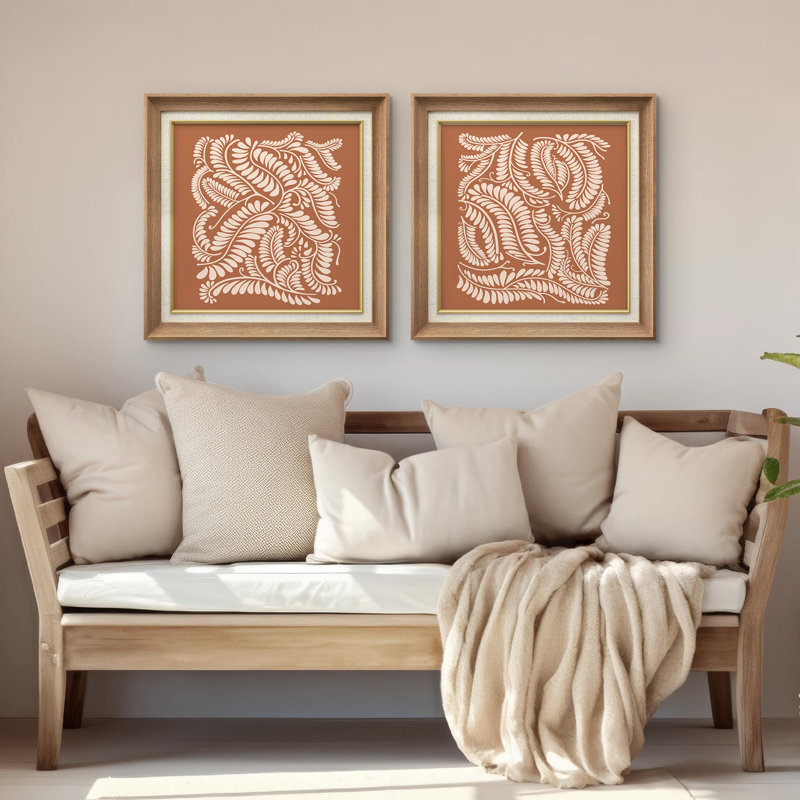 " Botanical Leaf Pattern Illustrations Modern Art Minimalist " 2 - Pieces, Natural Gallery Frame, 26" H x 26" W