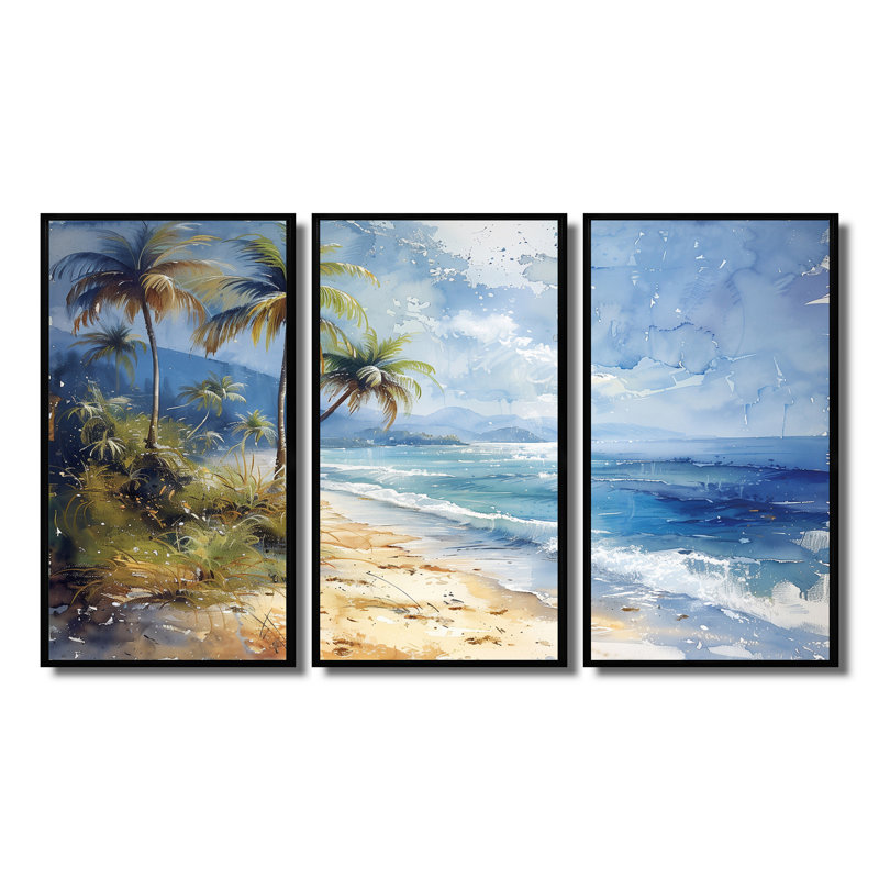«Blue Green Palm Trees Coastal Breeze I», ensemble d'art mural palmiers et palmiers, Toile avec cadre flottant noir