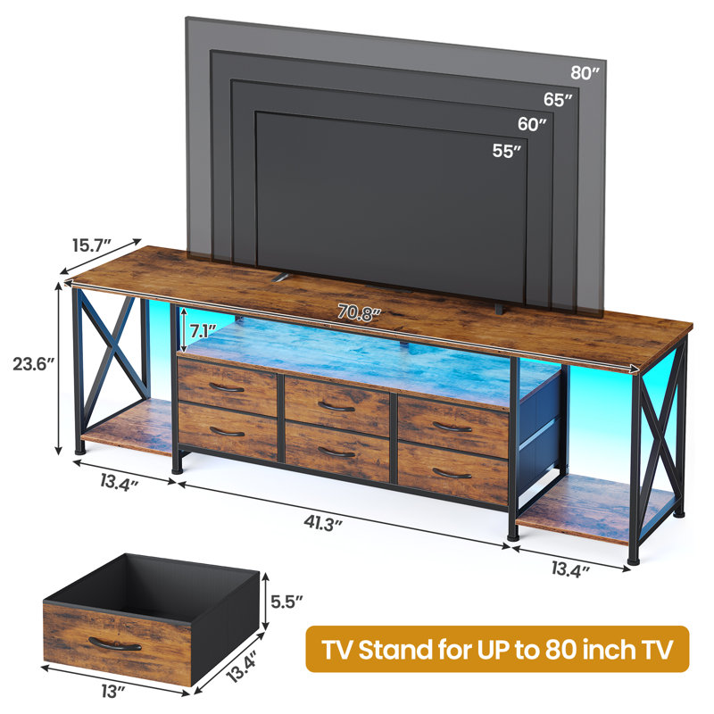 Tv Stand For Up To 80 Inch Tv With 6 Drawers And Charging Station, Rustic Brown