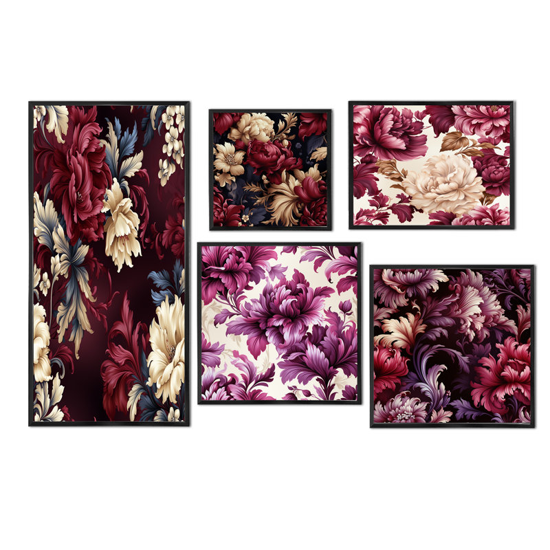 Ellesmere - ensemble de 5 reproductions d'art sur toile florale, Cadre flottant noir