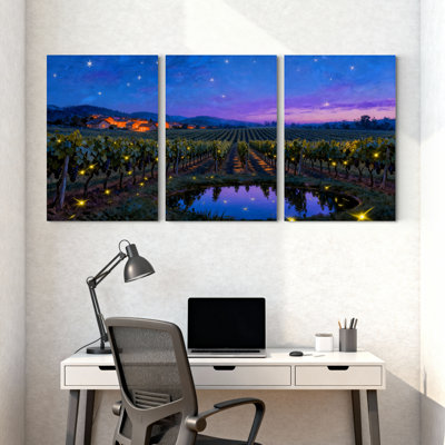 Abstrait, ciel nocturne, vignobles, lumières, réflexion, étoiles, ensemble de 3 impressions sur toile