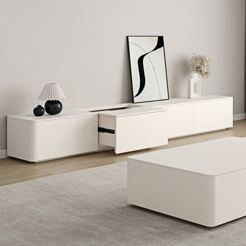 Meuble télé brillant en bois crème