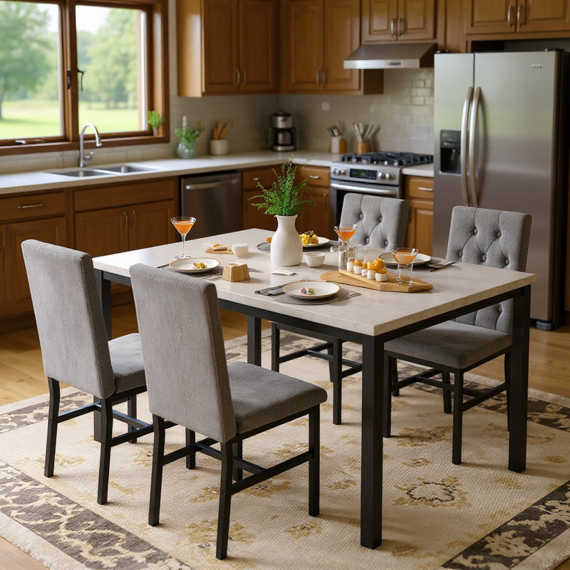 5-Piece Dininng Room Table Set with 4 Uphosltered Dining Chairs, Faux Marble Table Top and Robust Metal Frame Dining Table Set of 5, Space-Saving Design Dinette Set for Home Furniture Kitchen Restaurant
