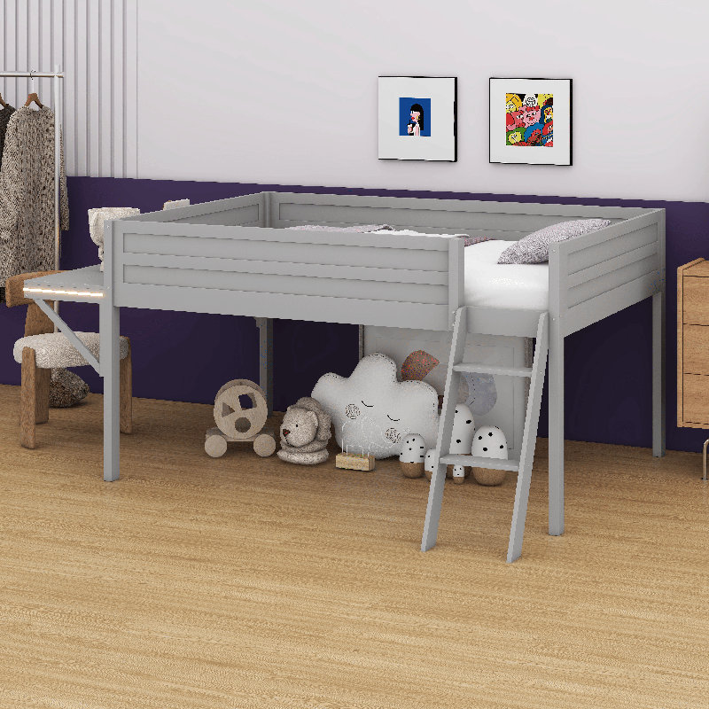 Lit double avec bureau et lumières DEL, lit mezzanine bas avec barrière de sécurité et échelle, lit mezzanine en bois pour petit espace traditionnel, aucun sommier nécessaire