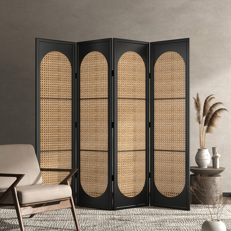 Cloison pliante 4 panneaux en bois massif noir et rotin, H 78,74 po x l 23,62 po x P 7,87 po