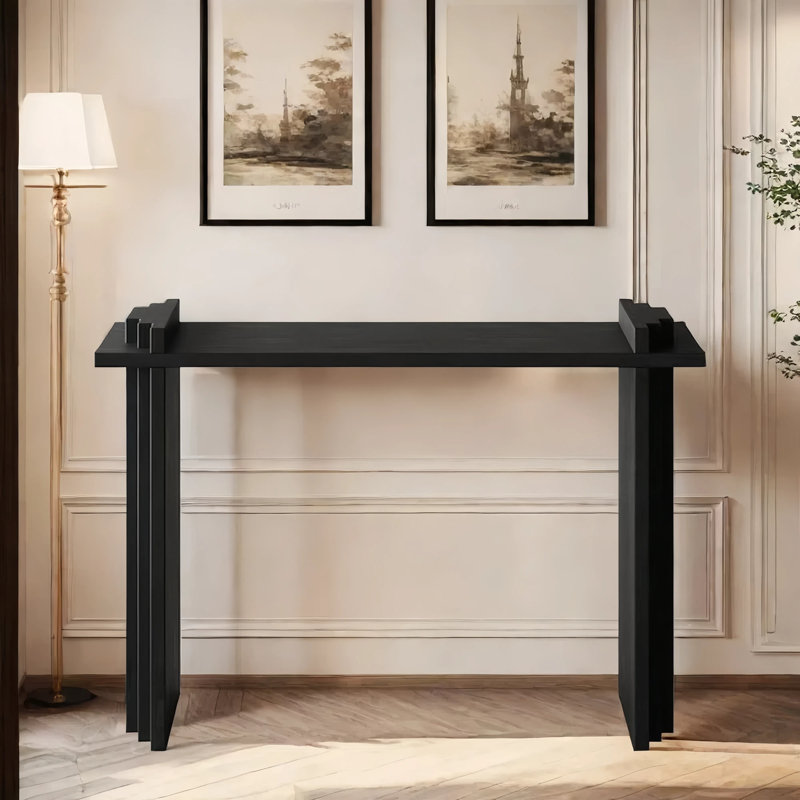 Console Mid-Century moderne en bois massif noir, H 33,5 po x l 55,1 po x P 15,7 po