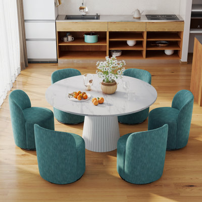 47in Round Farmhouse Dining Table Set with 4/6  Linen Swivel Rotating Chairs,  Modern for Kitchen & Living Room