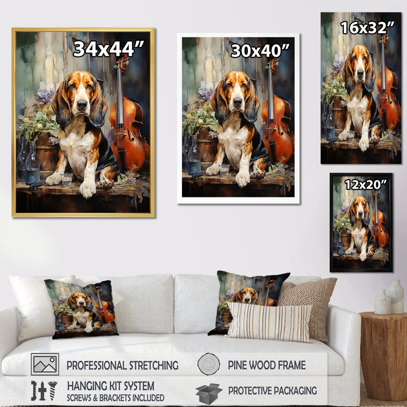 Basset hound, mélodie sur toile, Cadre doré simple, H 44 po x l 34 po x P 1,5 po