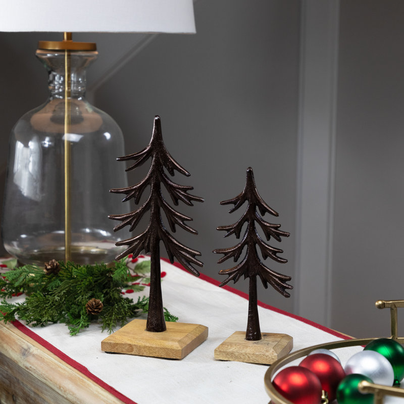 Arbres sur décorations de Noël en métal à base de bois - 11,5 po - ensemble de 2, Bronze