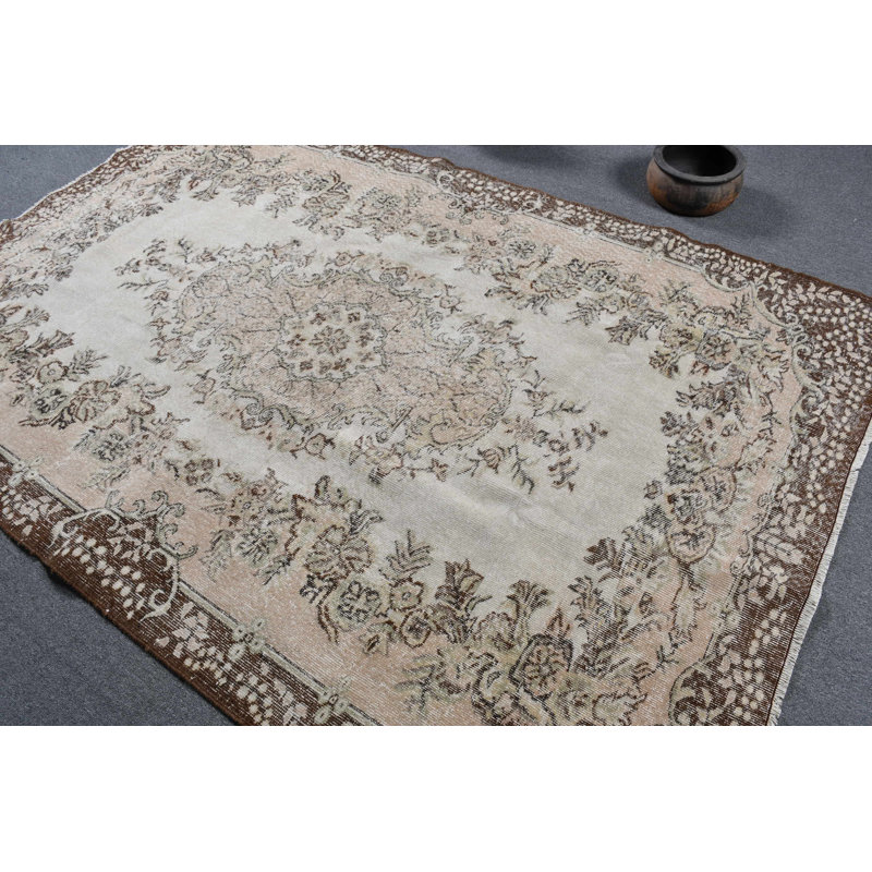 Grand tapis turc rétro fait à la main idéal pour les salons spacieux et les objets de décoration intérieure brun / beige