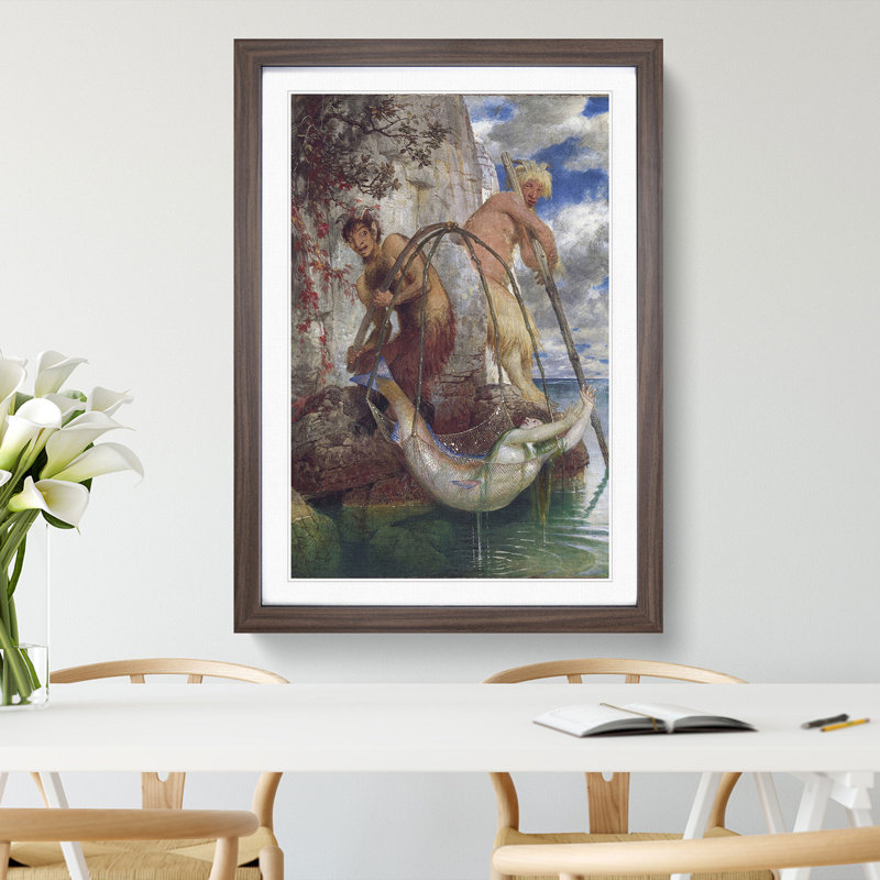 Mermaid Caught in the Net by Arnold Bocklin - Picture Frame Painting, Walnut Framed, 48cm H x 36cm W x 2cm D