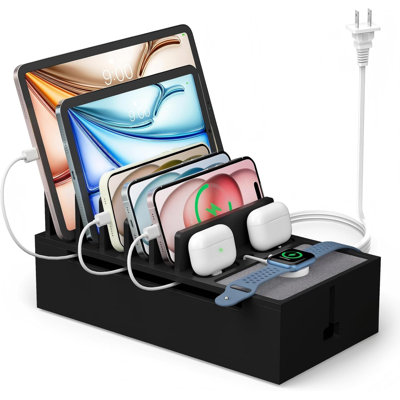 Bamboo Charging Dock Station for Electronic Devices, Docking Organizer for Phone and Tablets, Smart Watch, Earbuds, Power Strip Box (Included 5-Port USB Charger and 6 Cables), Black