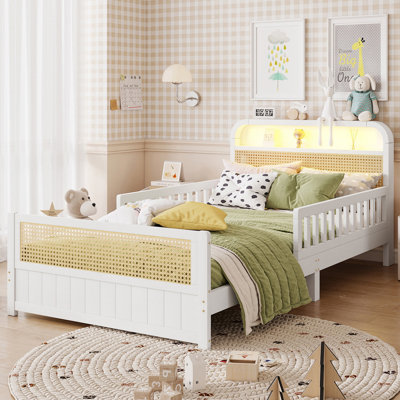 Twin Rattan Platform Bed with LED Lights and Storage Headboard