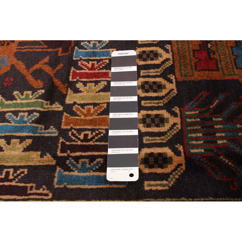 Tapis noir en laine noué à la main de conception unique 3 pi 11 po x 6 pi 7 po Chemaia