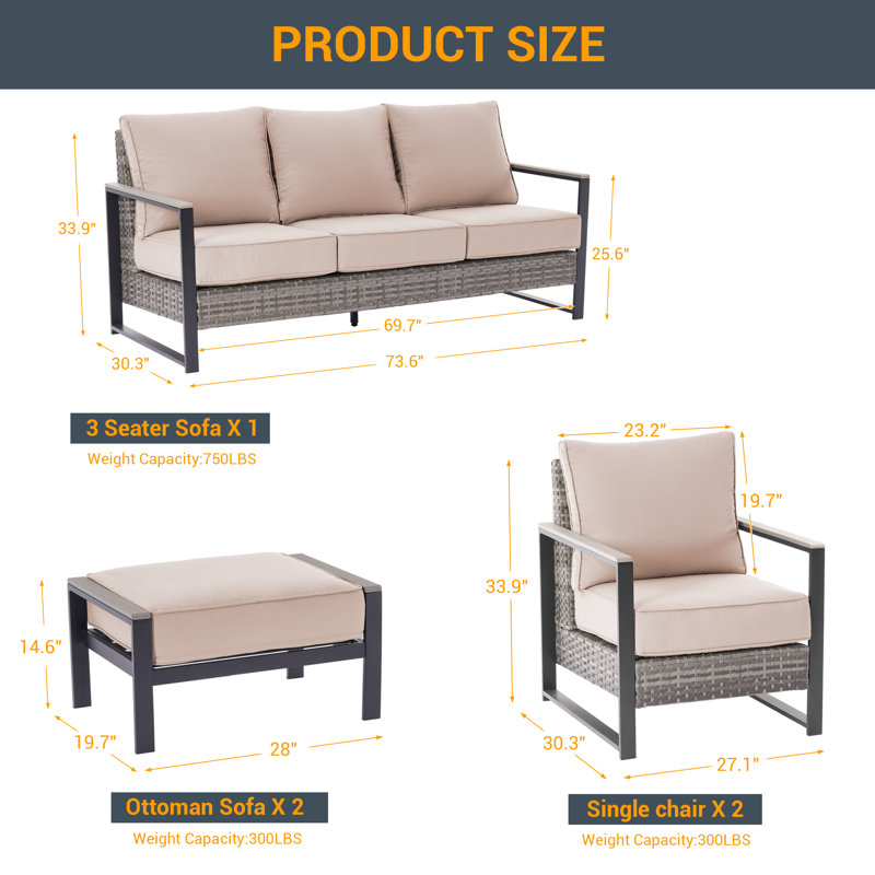 5-Piece Patio Rattan Furniture Set, All Weather Wicker w/Removable Cushion, Sand