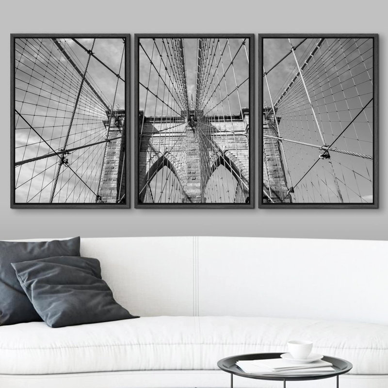 Pont de Brooklyn, New York, États-Unis, en noir et blanc, photographie d'art moderne encadré, Cadre flottant noir