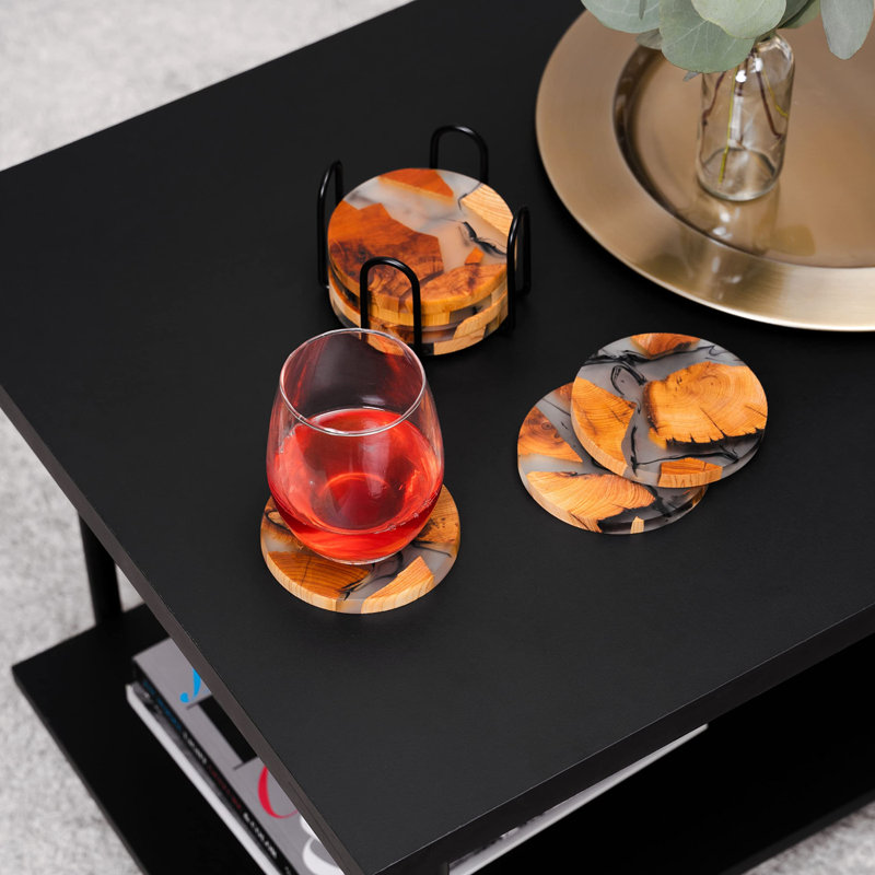 Natural Cedar and Epoxy Resin Round Coaster Set with Holder