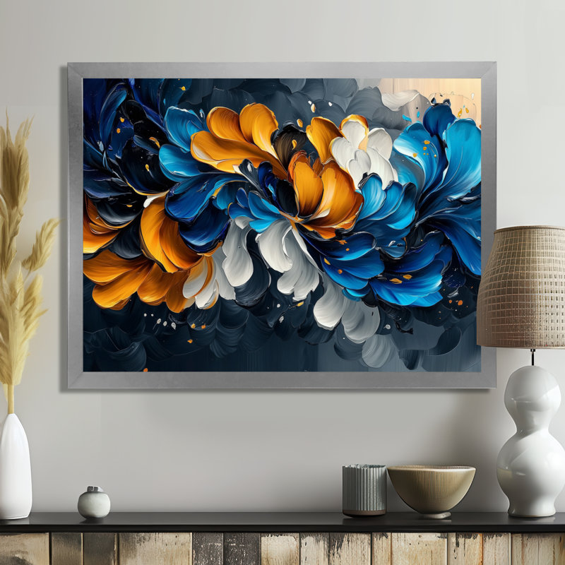 Bleu, orange, délicats pétales de fleurs en mouvement - fleurs, art mural, H 30 po x l 40 po, Avec cadre, Argent argent