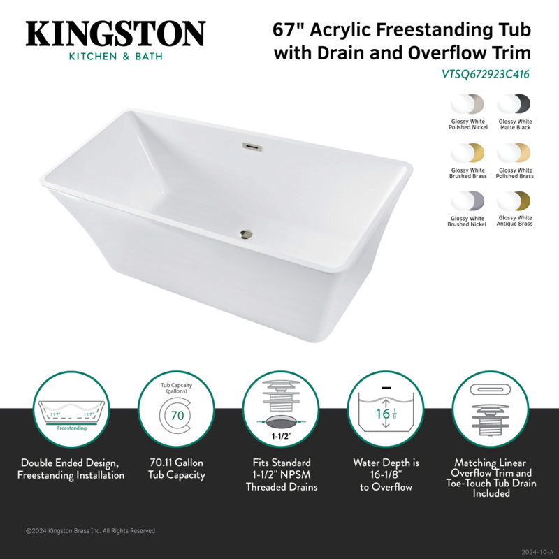 Kingston Brass Aqua Eden 67-Inch Acrylic Rectangular Double Ended Freestanding Tub With Drain, Brushed Nickel