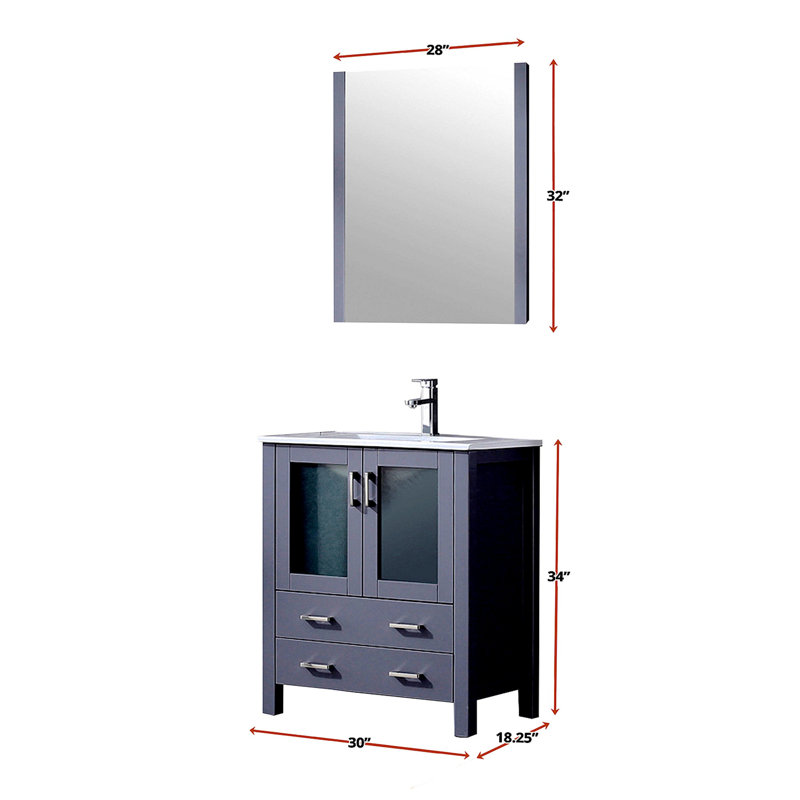 Dark Grey Bath Vanity 30 In. W X 18.25 In. D, White Ceramic Top, Faucet Set, And 28 In. Mirror