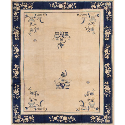 Open Solid Cream Ivory Color Field Antique Floral Chinese Room Size Peking Rug