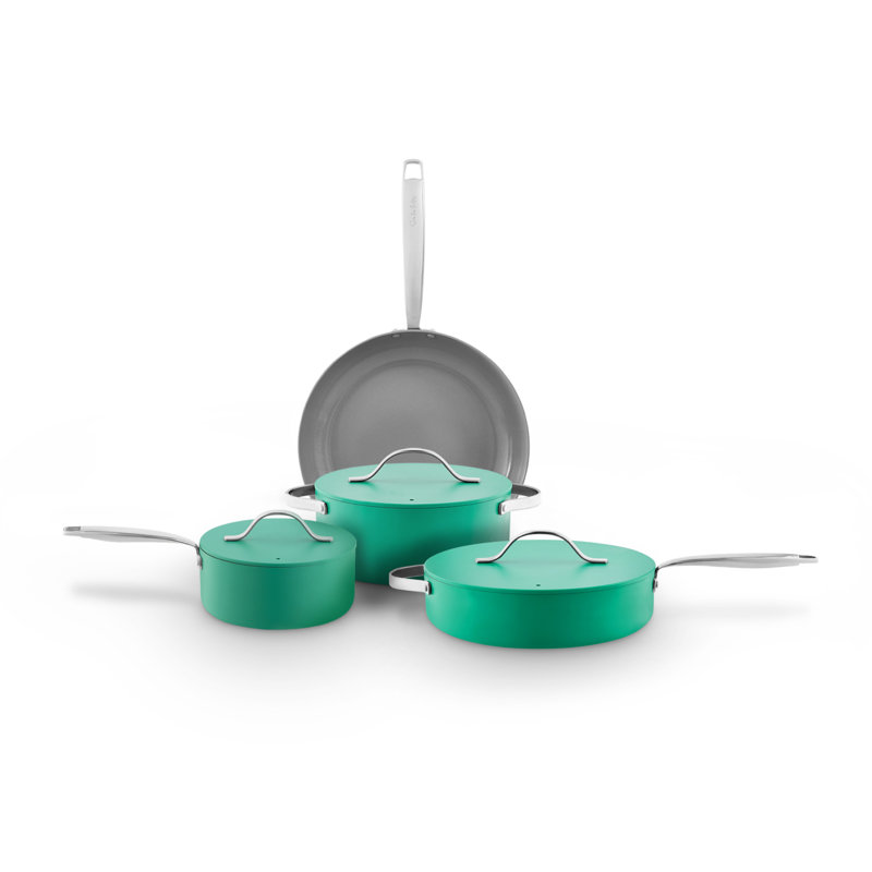 Colour Me Happy 4 Piece Cookware Set, 28cm Frying Pan, 20cm Saucepan, 24cm Casserole, 28cm Multi-Pan, Lids with Steam Release Vents (No Lid with Frying Pan), Induction Compatible, Green