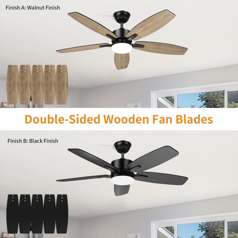Ventilateur de plafond 52 po intérieur / extérieur moderne noir 52 po avec DEL 3 couleurs à intensité variable, télécommande, moteur à courant continu réversible, 6 vitesses