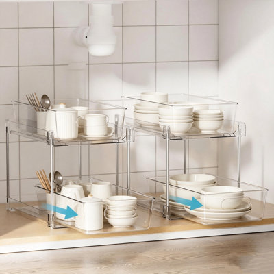 4 Pack Dual-Tier Clear Under Sink Organizers with Pull-Out/Slide-Out
