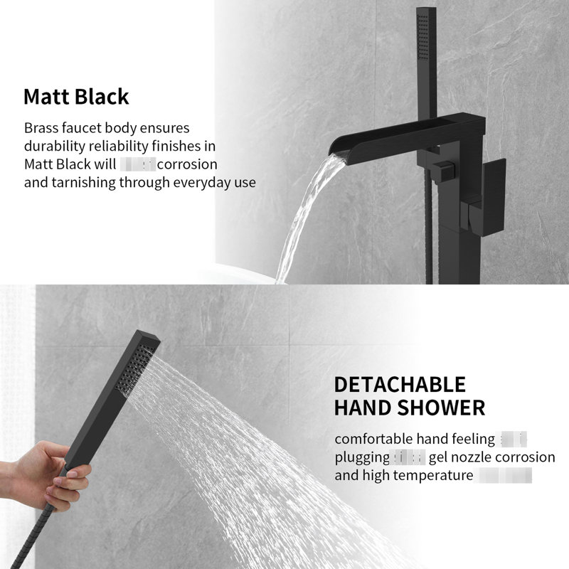 Robinet de baignoire à fixation au sol contemporain en laiton noir avec effet cascade et douche à main détachable pour les salles de bain modernes