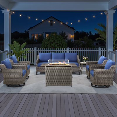 Ensemble de mobilier de patio avec table de foyer, ensemble de conversation 7 pièces toutes saisons avec chaises berçantes pivotantes, canapé moderne pour la cour arrière, terrasse