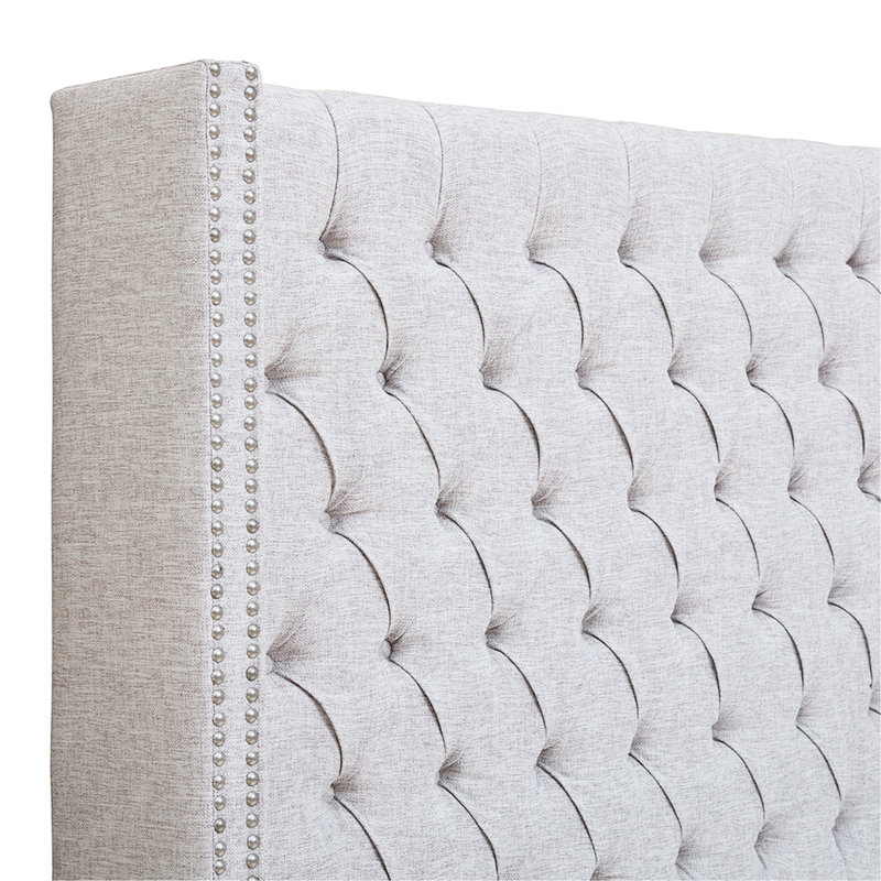 Tête de lit tapissier en gris, bouton, pieds réglables, structure en métal, gris, l 68,46 po x H 60,75 po, Grey