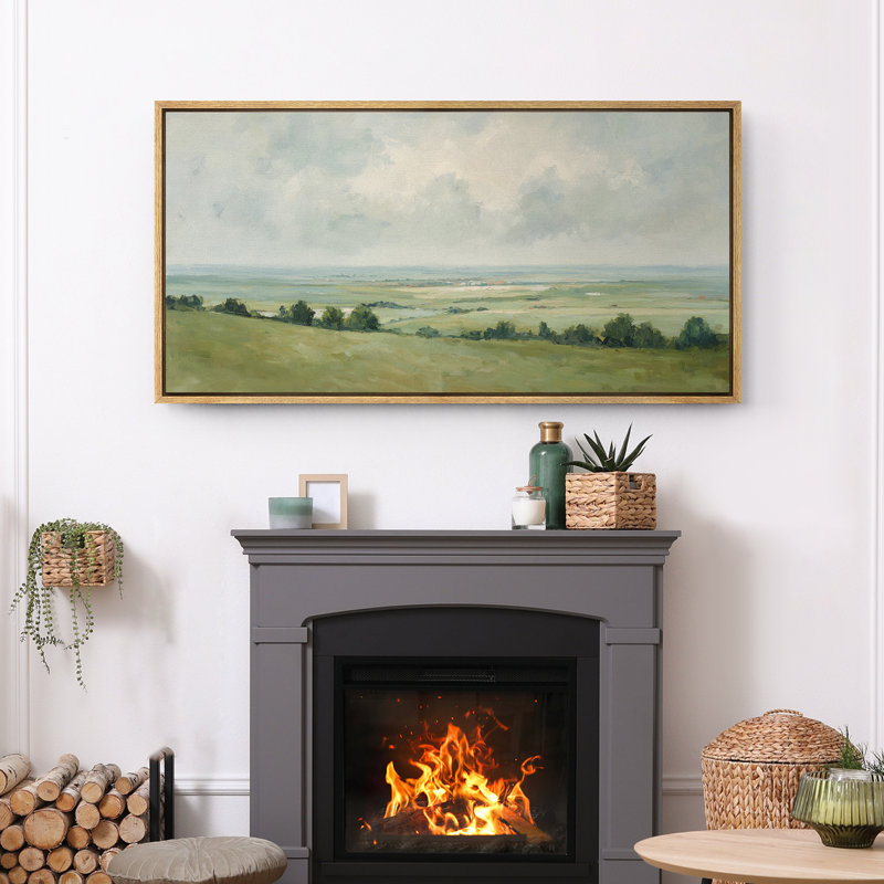 Large Framed Canvas Print Wall Art - Vintage Meadow Landscape Print for Modern Farmhouse Decor, Natural, 30" H x 60" W