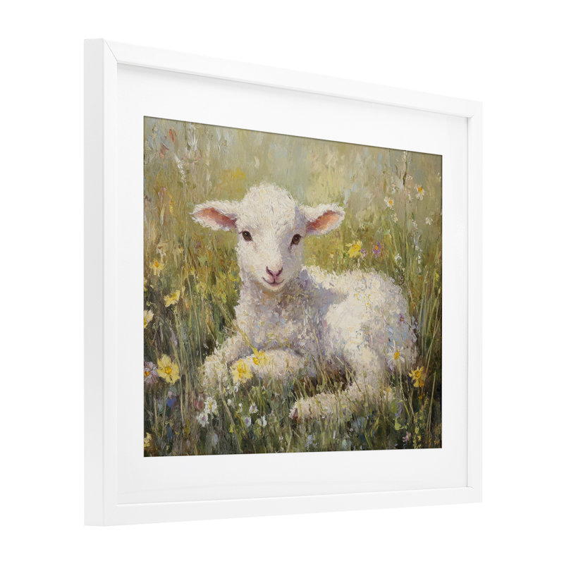 Sunlight Lamb in Flowers, reproduction encadrée sous verre, design par Petal Prints Design, 13" H x 16" W, Cadre blanc côtier