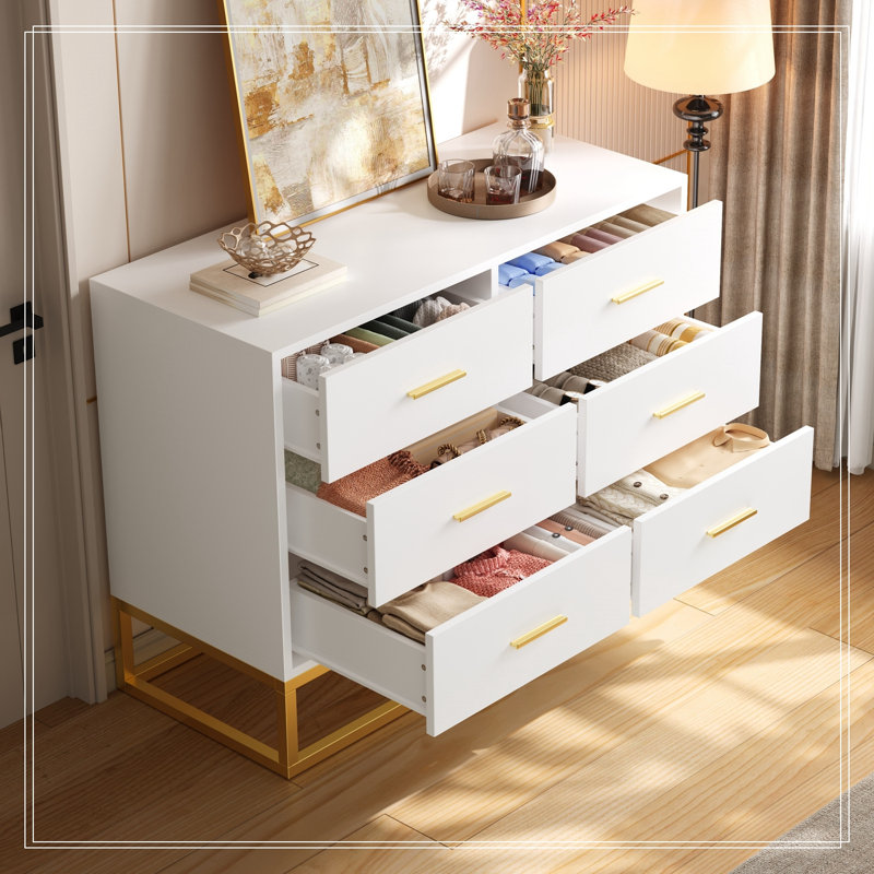 Commodes décoratives avec 6 tiroirs et pieds en métal, Blanc