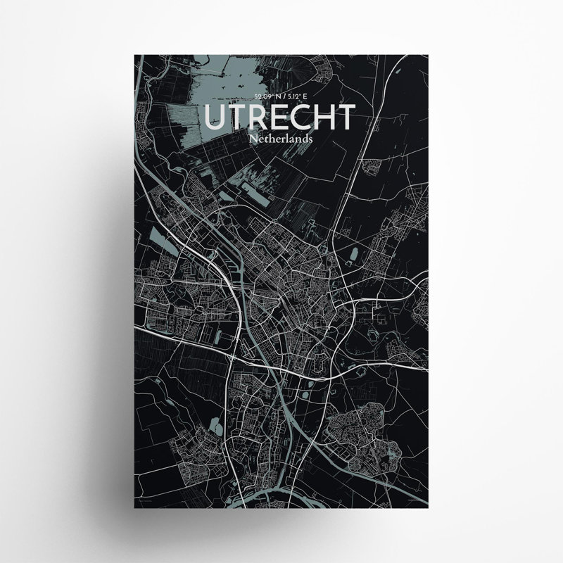 Utrecht City Map In Midnight - No Frame Print, 17cm H x 11cm W x 0.05cm D
