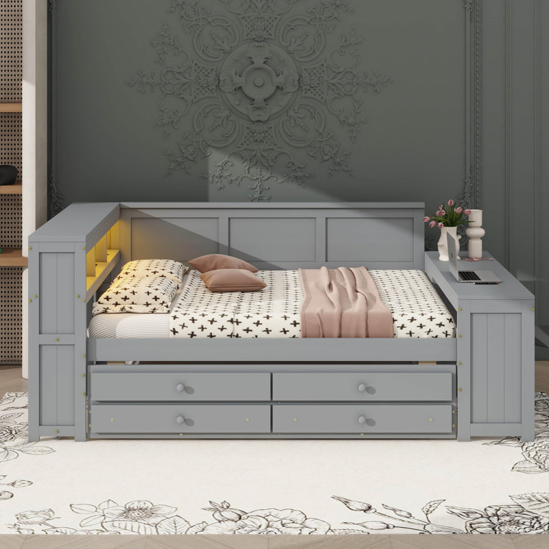Full-Size Daybed With Drawers, Trundle Bed, Charging Spot, LED Lights, Workstation, And Storage Unit, Gray