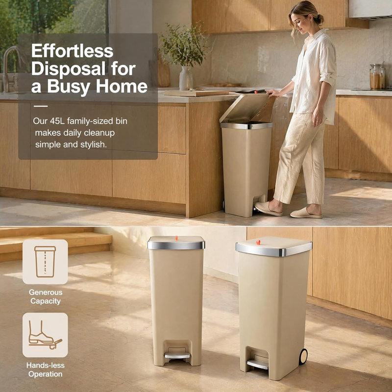 Kitchen Rubbish Bin 45L Step, Soft Close Pedal Trash Can with Wheels for Home