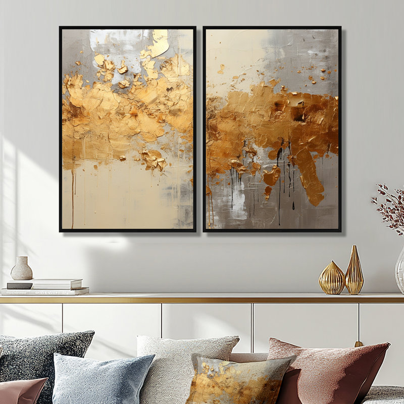 Golden Gleam V - ensemble de 2 reproductions d'art sur toile dorées, Noir, H 36 po x l 48 po, Impression encadrée flottante