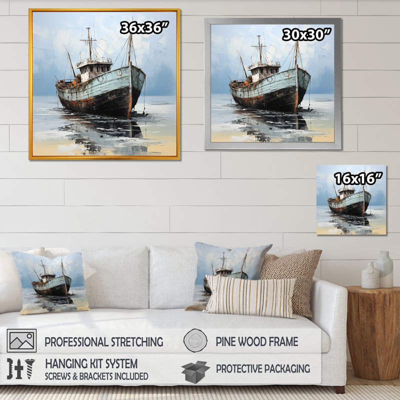 Bateau de pêche bleu et blanc sur toile, H 24 po x l 24 po x P 1 po, Cadre flottant noir