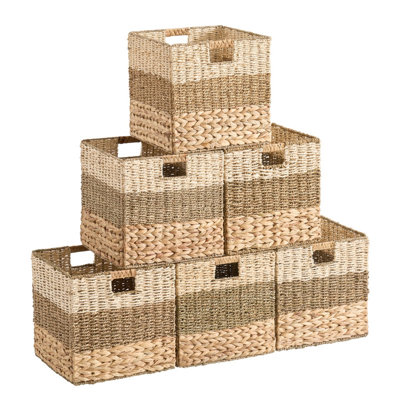 13" x 13" Inch Water Hyacinth Mixed Weave Wicker Storage Basket with Handles -  Set of 6