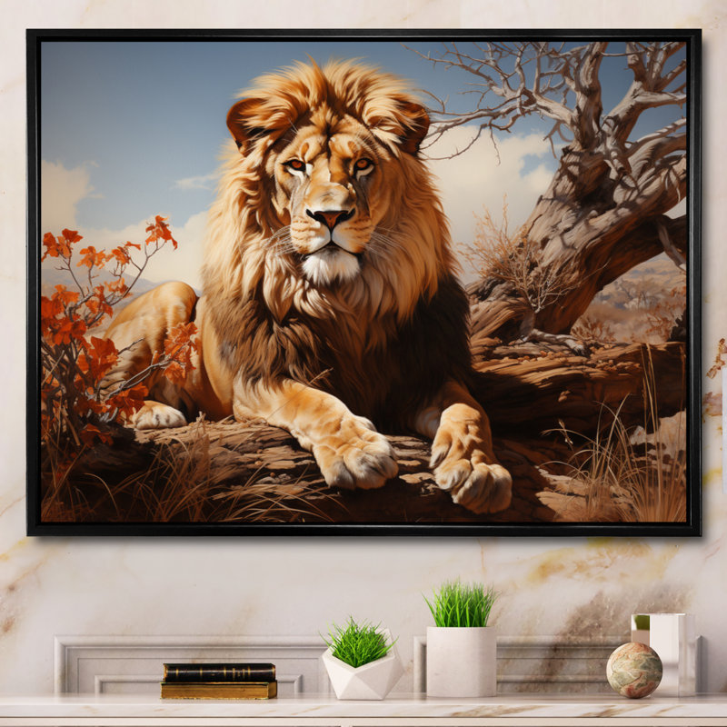 " Lion Savannah Majesty Oil I ", Cadre flottant noir, H 16 po x l 32 po x P 1 po