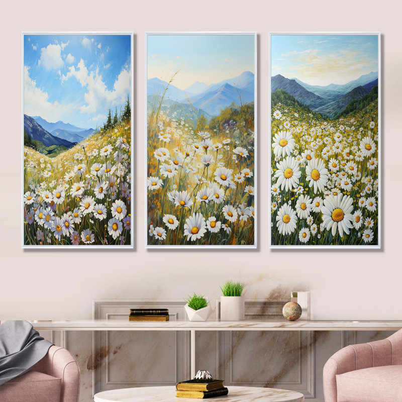 Mountain Daisies On Hill - Fleurs, ensemble de 4 impressions sur toile, Cadre flottant blanc, H 32 po x l 48 po
