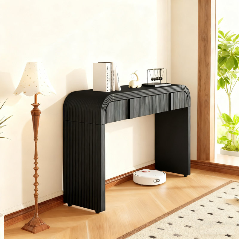 Console moderne avec 2 tiroirs de rangement, table d'entrée cannelée à silhouette arrondie pour le salon et l'entrée, Noir
