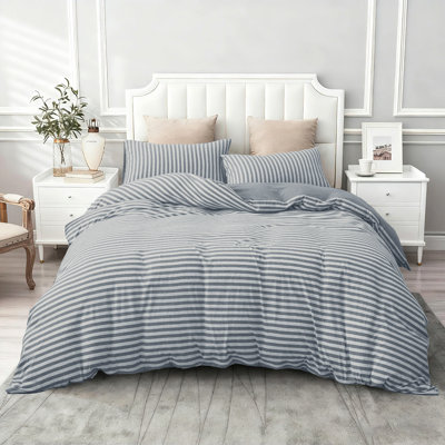 Ensemble de housse de couette en tricot de jersey de coton rayé bleu-gris très grand