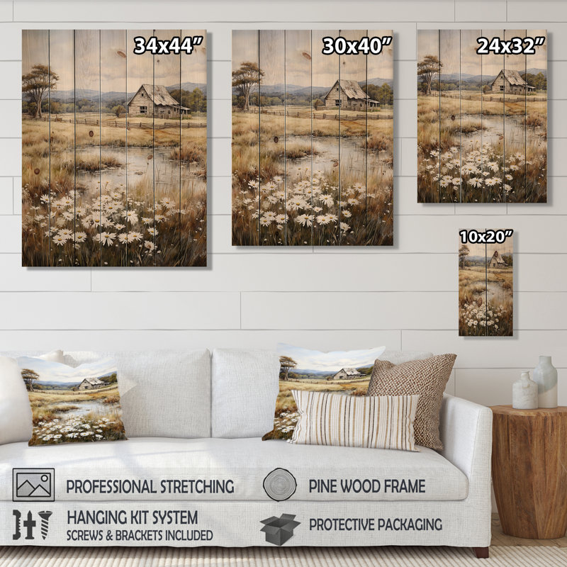 Farmhouse Quiet Retreat I - imprimé floral sur bois de pin naturel, H 20 po x l 10 po x P 0,78 po