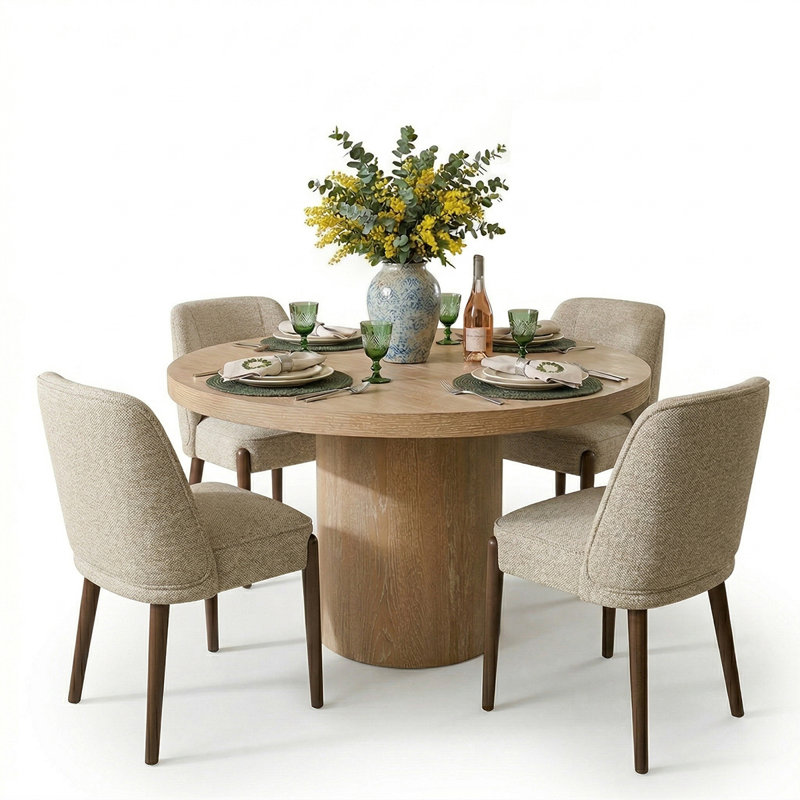 4 - Person Dining Table Sets With Solid Wood Round Table & 4 Fabric Upholstered Chairs, Beige, Yellow