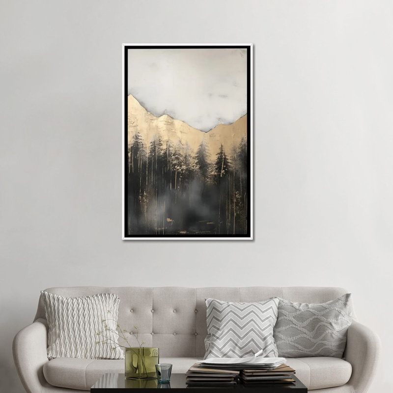 «Mountain Forest Gold Abstract Paint III», reproduction d'art encadrée, H 48 po x l 32 po, Blanc